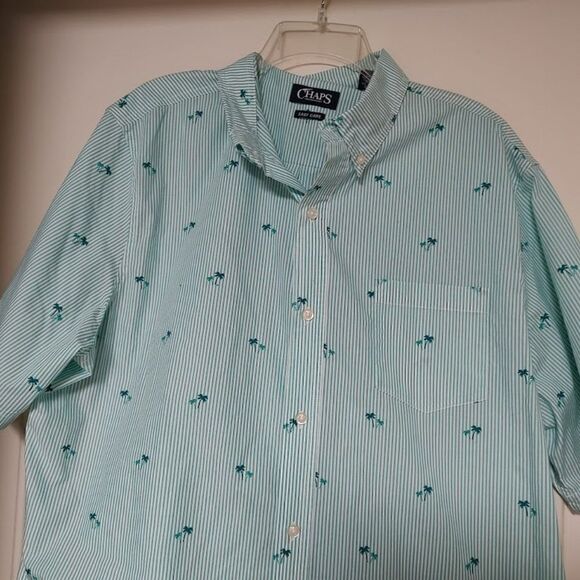 Chaps Green White Striped Palm Trees Short Sleeve Button Down Shirt Men's XXL - Picture 2 of 2